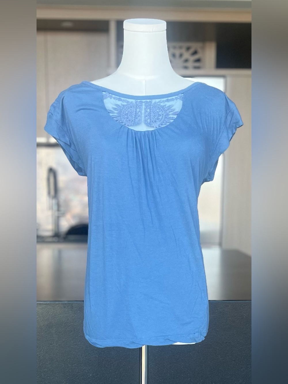 Solemio Powder Blue Short Sleeve Tee with Embroidered Yoke